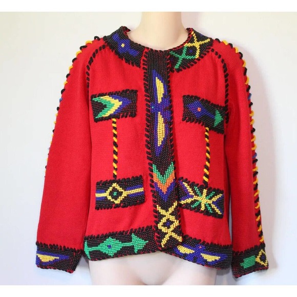 Vintage 90's Michael Simon Beaded Cardigan Thick Knit Sweater Red Size 1 H14823 - Picture 11 of 12